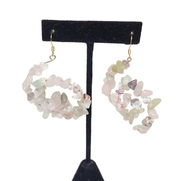 18k Gold Plated Pink Quartz Clear Quartz Swirl Green Calcite Earrings - Picture 2 of 3